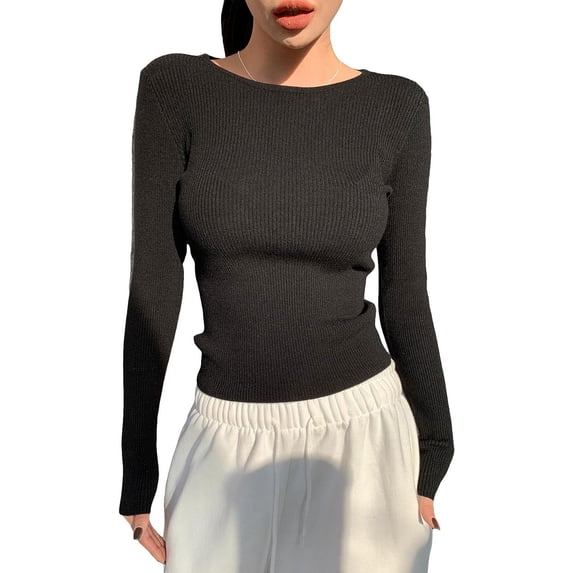 Women's Fitted Ribbed Crewneck Long Sleeve Crop Tops Tee Shirts
