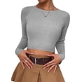 thumbnail image 1 of Women's Fitted Ribbed Crewneck Long Sleeve Crop Tops Tee Shirts, 1 of 4