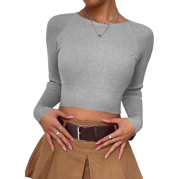 Women's Fitted Ribbed Crewneck Long Sleeve Crop Tops Tee Shirts