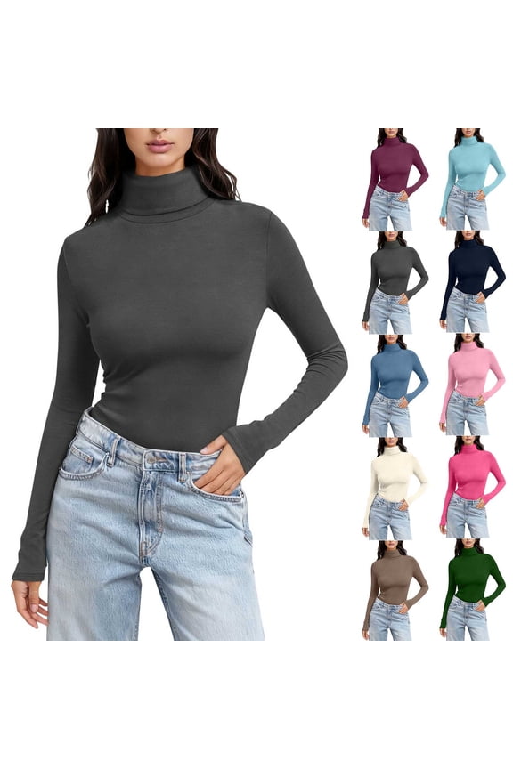 Women's Fitted Solid Color High-Neck Regular Long Sleeve Crewneck T-Shirt Turtleneck Casual Tops Army Green,Size 2XL