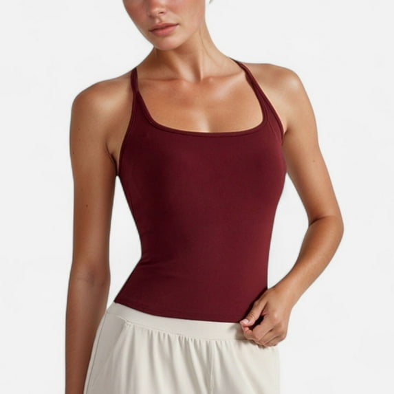 Women's Fitted Square Neck Tank Top with Built-In Bra and Racerback Design for Active and Casual Comfort - Large, Burgundy