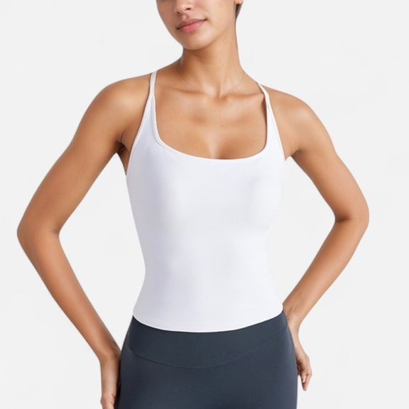 Women's Fitted Square Neck Tank Top with Built-In Bra and Racerback Design for Active and Casual Comfort - X Large, White