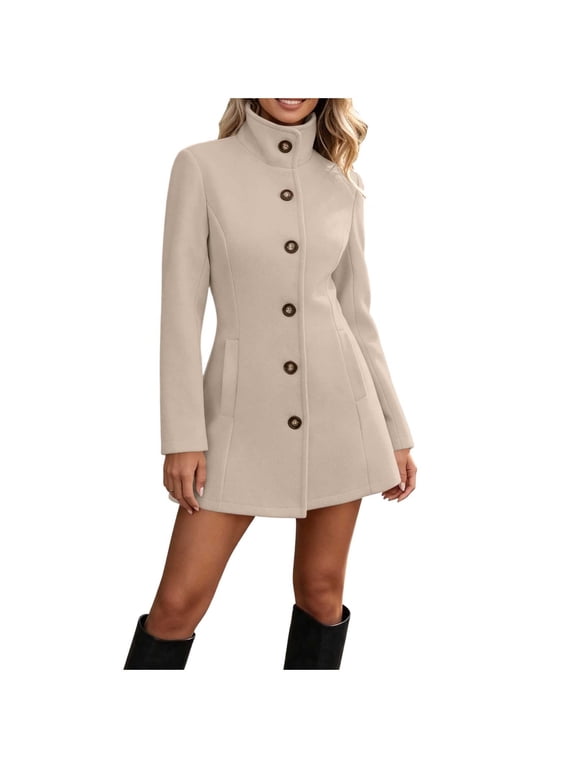 Women's Fitted Stand-Collar Coats Stand Collar Long Sleeve Breasted Solid Color Fitted Waist Short Length Wool Coat with Pockets Waist-Defined Collared Jacket for Women Beige