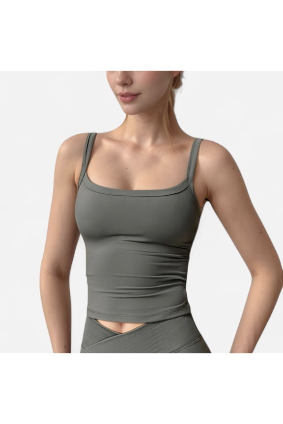 Women's Fitted Stretch Camisole Tank Top with Square Neckline and Thin Shoulder Straps - Large, Gray