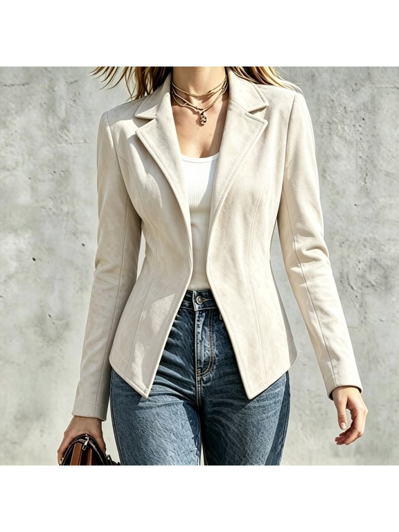 Women's Fitted Suede‑Look Open Front Blazer Jacket, Lapel Long Sleeve Slim Fit Buttonless Coat for Fall Winter Daily Business Casual(B02_White,S)