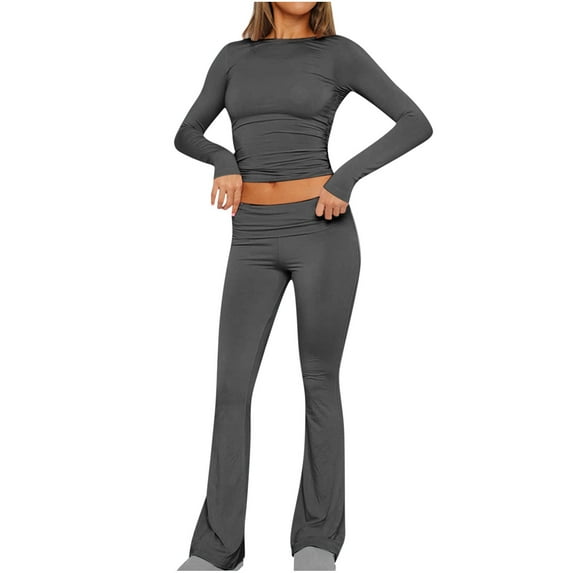 Women's Fitted Sweat Suit Set Solid Color Round Neck Hooded Top and Pants