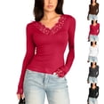 thumbnail image 1 of Women's Fitted Tops V Neck Lace Trim Shirts Long Sleeve Stretchy Soft Lightweight Basic Going Out Versatile Tee, #03 Wine, M, 1 of 6