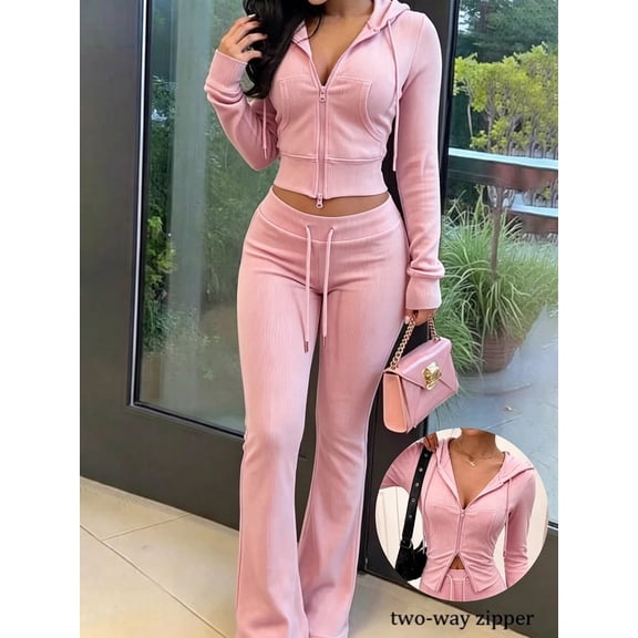 Women's Fitted Two Way Zip Hoodie 2 Piece Outfit, Cropped Top and Drawstring Flare Pants Casual Set