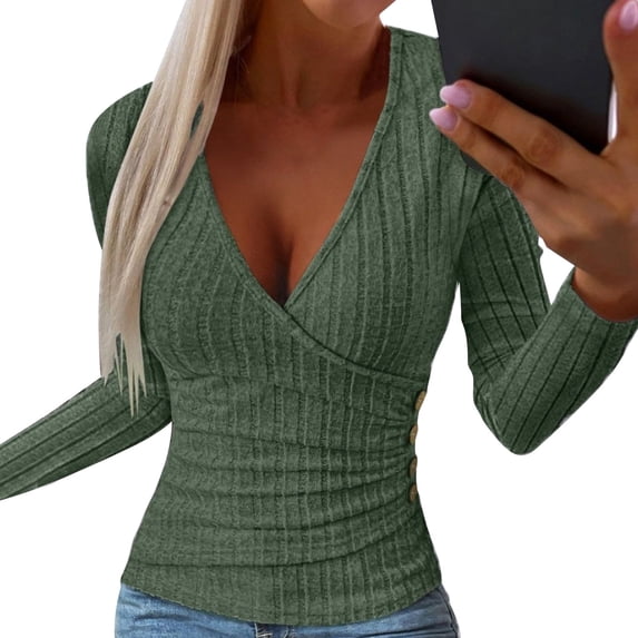 Women's Fitted V-Neck Long Sleeve Knit Pullover with Decorative Buttons - Green - L