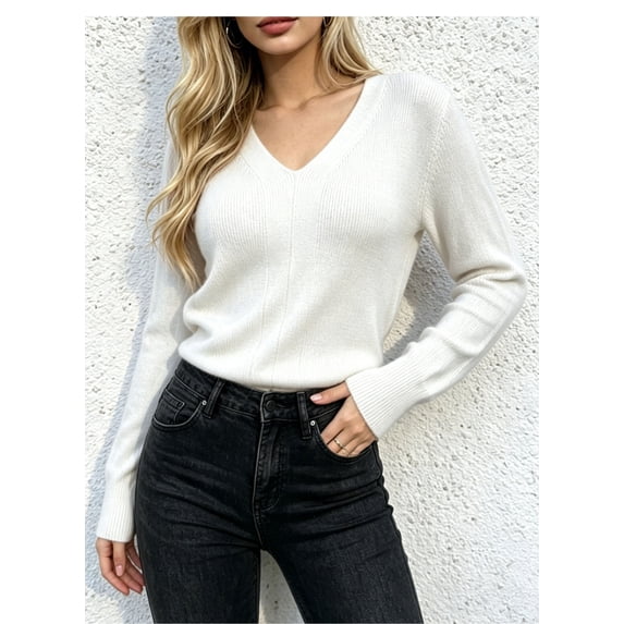 Women’s Fitted V-Neck Ribbed Knit Sweater, Long Sleeve Pullover Top, Sizes S-XL