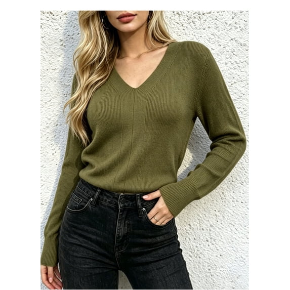 Women’s Fitted V-Neck Ribbed Knit Sweater, Long Sleeve Pullover Top, Sizes S-XL