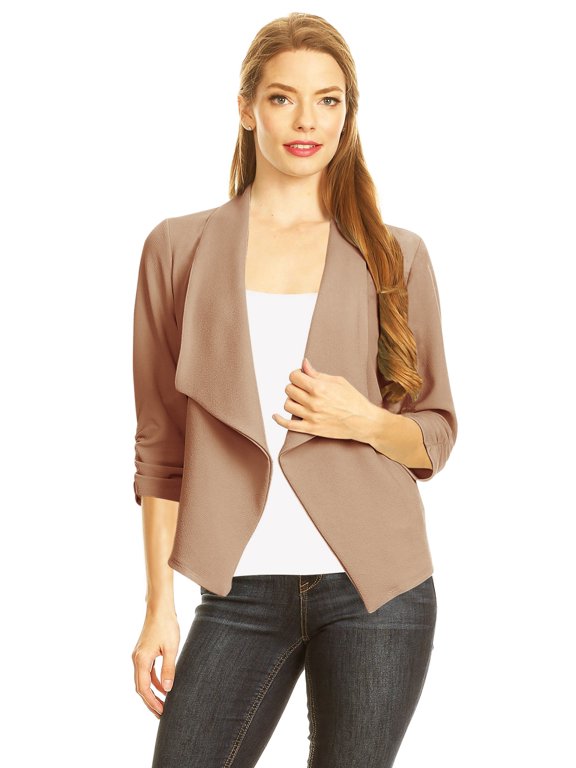 Women's Fitted Waist Length Jacket Open Front Draped Neck Ruched Sleeves