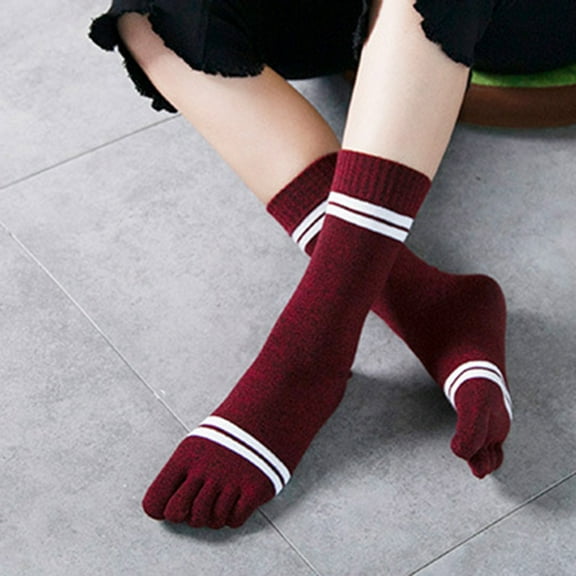 Women's Five Finger Toe Socks Warmer Thick Cotton Split Toe Socks for Sports and Outdoor Activities Wine Red