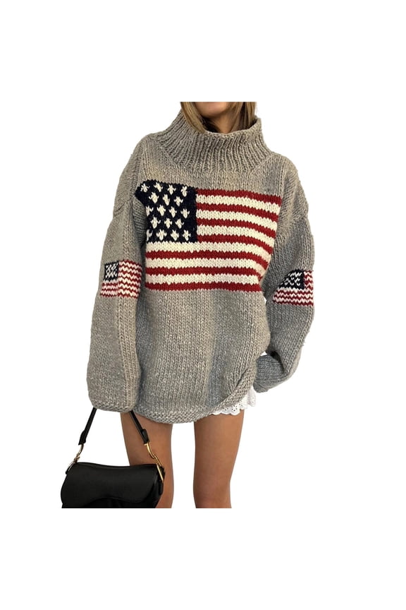 Women's Flag Pattern Long Sleeve Round Neck Sweater Casual Loose Pullover Sweater Gray M