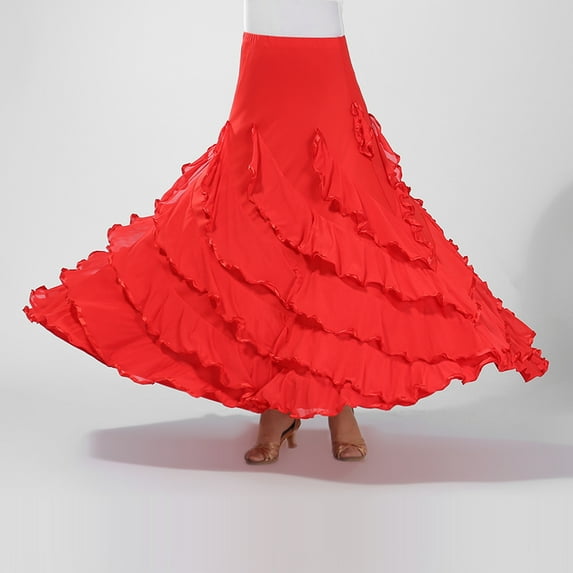 Women's Flamenco Ballroom Waltz Dance Long Swing Skirt Latin Costume Stage Performance Skirts Red