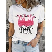 Womens Flamingo Print Short Sleeve T-Shirt, Vibrant Pink And Black Animal Design, Round Neck Casual Top For Spring/Summer/Autumn, Machine Washable & Hand Washable