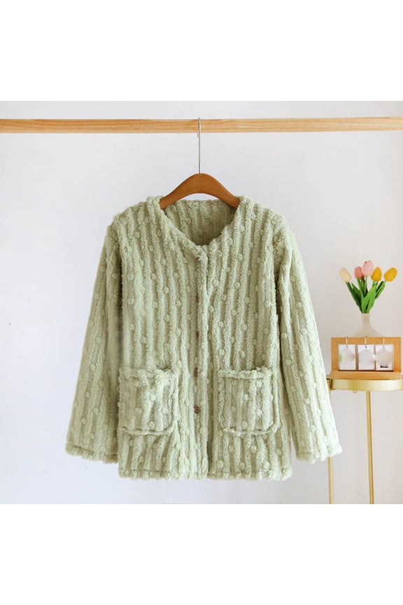 Women's Flannel Bed Jacket Fuzzy Fleece Pajama Tops Button up Velvet Soft Warm Winter Sleepwear with Pockets New Women's Long Sleeve Thermal Pullover Tops Green L