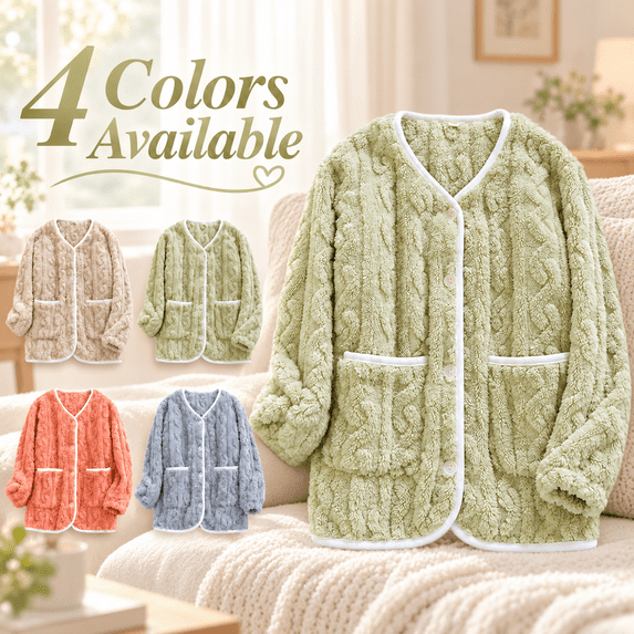 Women's Flannel Bed Jacket Fuzzy Fleece Pajama Tops Warm Winter Sleepwear Button up Loungewear with Pockets New Women Soft Comfortable Pajamas Green M