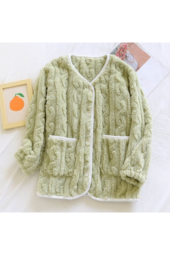 Women's Flannel Bed Jacket Fuzzy Fleece Pajama Tops Warm Winter Sleepwear Button up Loungewear with Pockets New Women Soft Comfortable Pajamas Green M