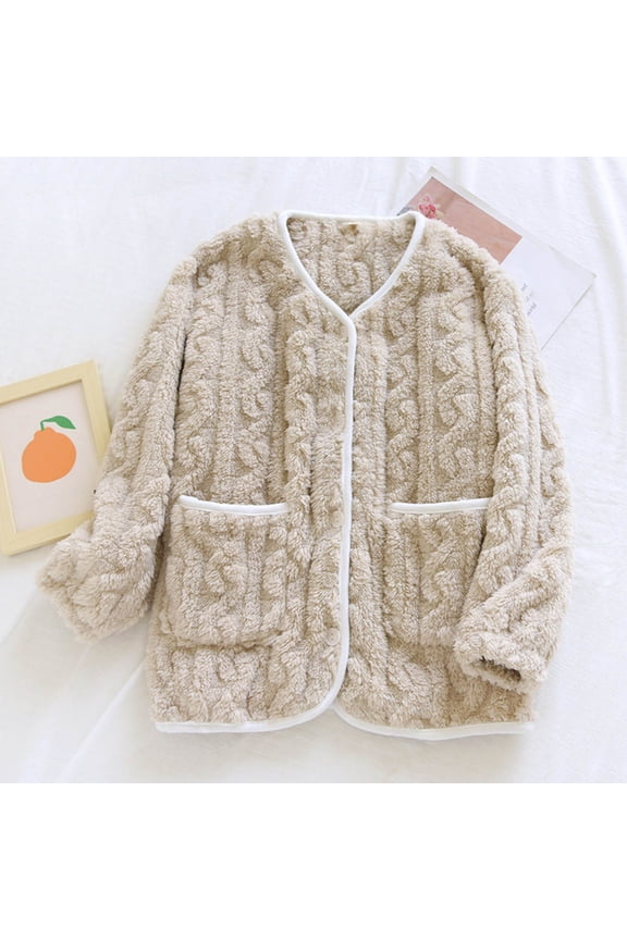 Women's Flannel Bed Jacket Fuzzy Fleece Pajama Tops Warm Winter Sleepwear Button up Loungewear with Pockets New Beige M