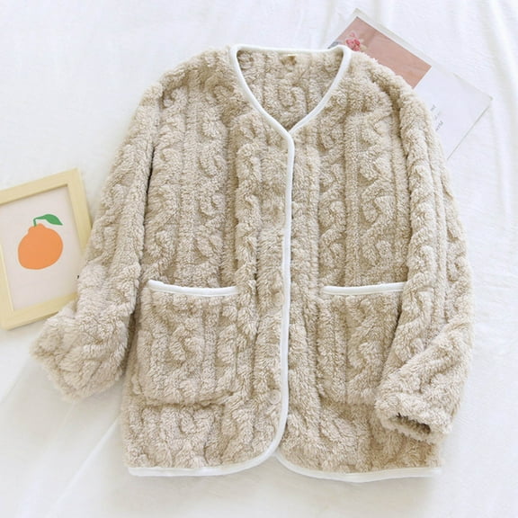 Women's Flannel Bed Jacket Fuzzy Fleece Pajama Tops Warm Winter Sleepwear Button up Loungewear with Pockets New Flannel Pajama Tops for Women Beige M