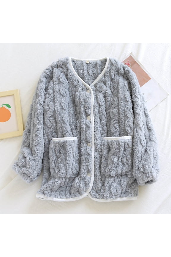 Women's Flannel Bed Jacket Fuzzy Fleece Pajama Tops Warm Winter Sleepwear Button up Loungewear with Pockets New Light Blue L