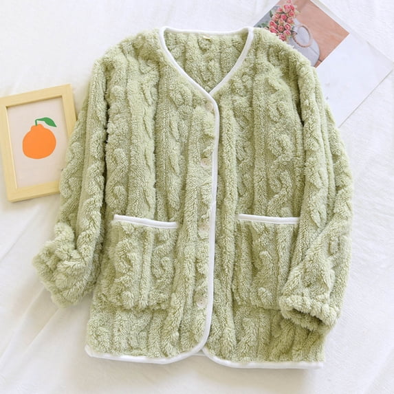 Women's Flannel Bed Jacket Fuzzy Fleece Pajama Tops Warm Winter Sleepwear Button up Loungewear with Pockets New Women's Sleepwear Green XL