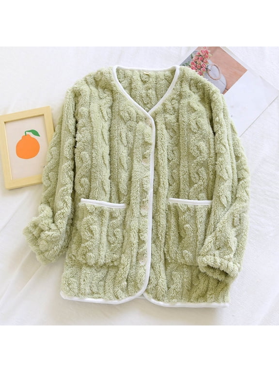 Women's Flannel Bed Jacket Fuzzy Fleece Pajama Tops Warm Winter Sleepwear Button up Loungewear with Pockets New Women's Sleepwear Green XL
