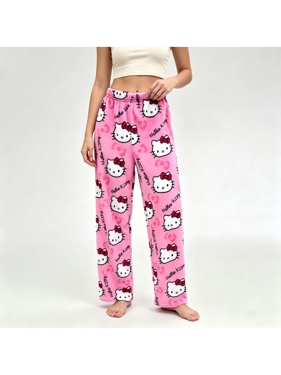 Women's Flannel Cartoon Kitty Print Pajama Pants Sleep Long Bottoms