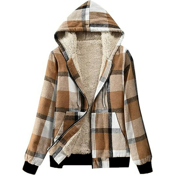 Women's Flannel Casual Plaid Full Zip Up Sherpa Lined Hoodie Jacket Coat with Pockets Khaki M