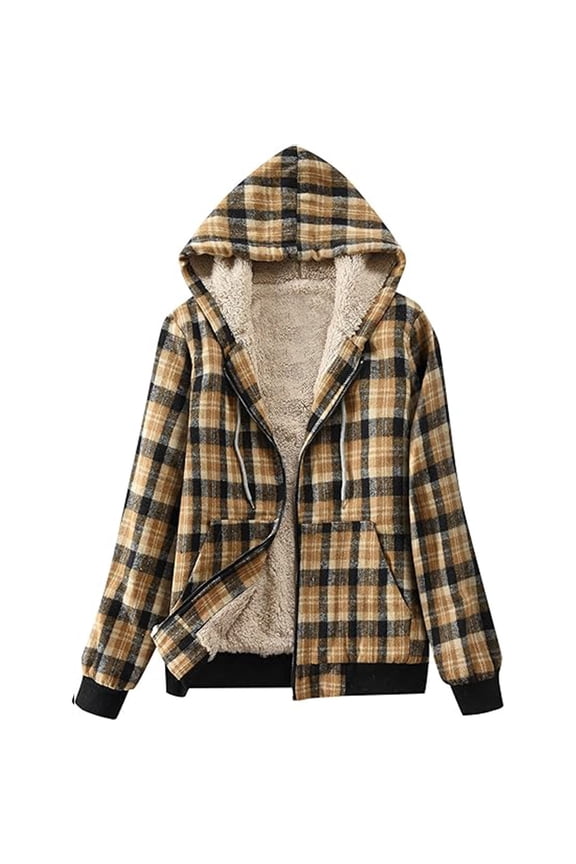 Women's Flannel Casual Plaid Jacket Full Zip up Fleece Lined Hoodie Coat Fall Winter Warm Outerwear with Pockets Style B-1 New Light Weight Jackets Womens Casual Khaki S