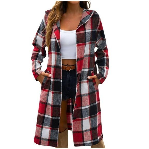 Women's Flannel Coat Hooded Long Sleeve Button down Plaid Jackets Warm Fleece Casual Outwear Fall Winter Outfits (L, Red)