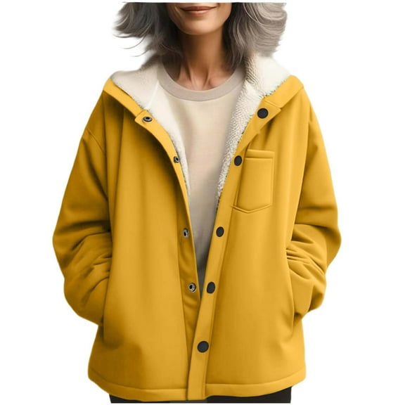 Women's Flannel Coat Solid Composite Velvet Lining Fleece Warm Button Chest Pocket Long Sleeved Hooded Jacket With Pocket