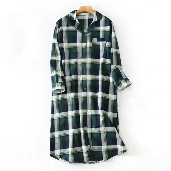 Women's Flannel Cotton Nightgown Button Down Nightshirt Long Sleeve Sleep Shirt Color: Green Size: M