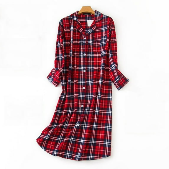 Women's Flannel Cotton Nightgown Button Down Nightshirt Long Sleeve Sleep Shirt Color: Red Size: L