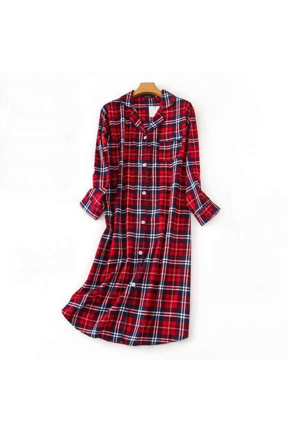 Women's Flannel Cotton Nightgown Button Down Nightshirt Long Sleeve Sleep Shirt Color: Red Size: L