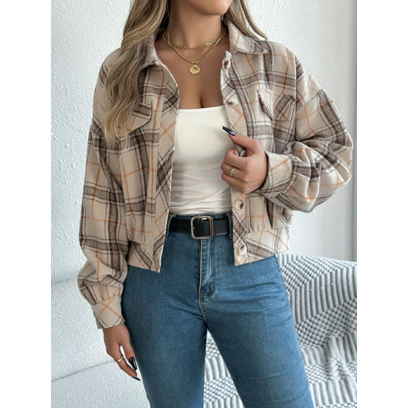 Women's Flannel Cropped Plaid Shacket Jacket Button Down Long Sleeve Shirts Tops