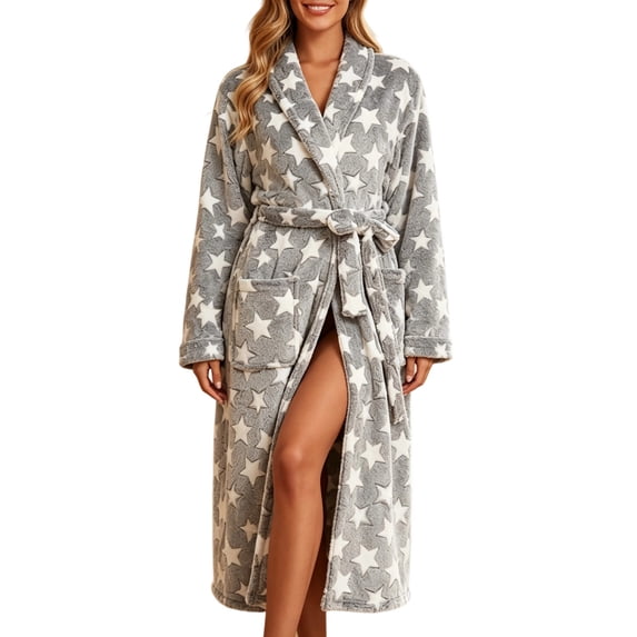 Women's Flannel Fleece Bathrobe with Star Print , Thick Long Sleeve Shawl Collar Robe with Belt and Pockets, Warm Winter Sleepwear for Home