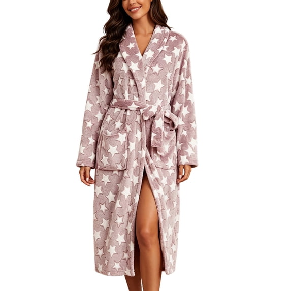 Women's Flannel Fleece Bathrobe with Star Print , Thick Long Sleeve Shawl Collar Robe with Belt and Pockets, Warm Winter Sleepwear for Home