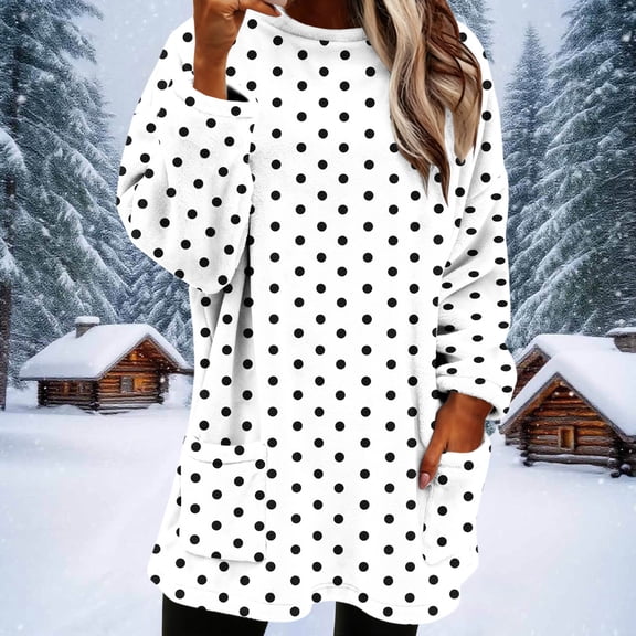 Women's Flannel Fleece Sweatshirts Winter Warm Round Neck Blouses with Pocket Plush Long Sleeve Thick Sweatshirt Pullover Fashion Loose Casual Printed Top