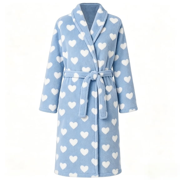 Qeils Women's Heart Print Flannel Bathrobe, Light Blue