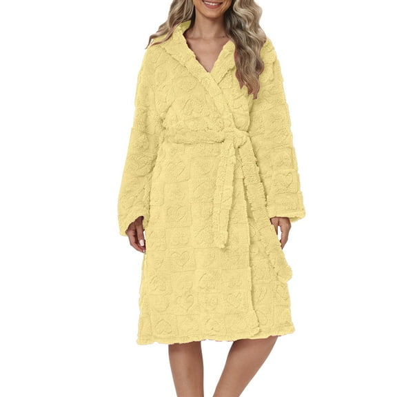 Women's Flannel Heart Print Hooded Bathrobe,Plush Belted Long Robe with Cozy Fleece Fabric for Autumn Winter Season, Cold Weather Comfort, Home Spa,Self-Care Moments and Sweet Cute Loungewear Yellow