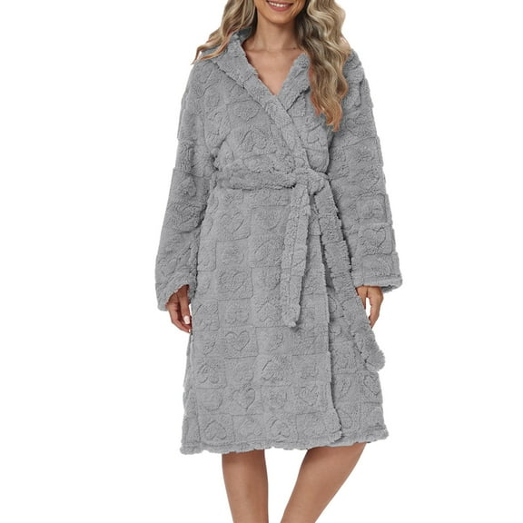 Women's Flannel Heart Print Hooded Bathrobe,Plush Belted Long Robe with Cozy Fleece Fabric for Autumn Winter Season, Cold Weather Comfort, Home Spa,Self-Care Moments and Sweet Cute Loungewear Grey S