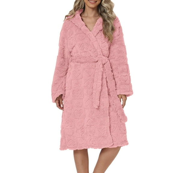 Women's Flannel Heart Print Hooded Bathrobe,Plush Belted Long Robe with Cozy Fleece Fabric for Autumn Winter Season, Cold Weather Comfort, Home Spa,Self-Care Moments and Sweet Cute Loungewear Pink XL