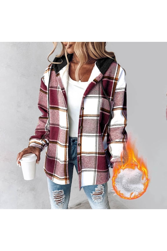 Women's Flannel Hooded Jackets Fall Winter Warm Plaid Shacket Thick Coat Button Warm Fleece Jacket Oversized Hoodies for Lady Zip up M