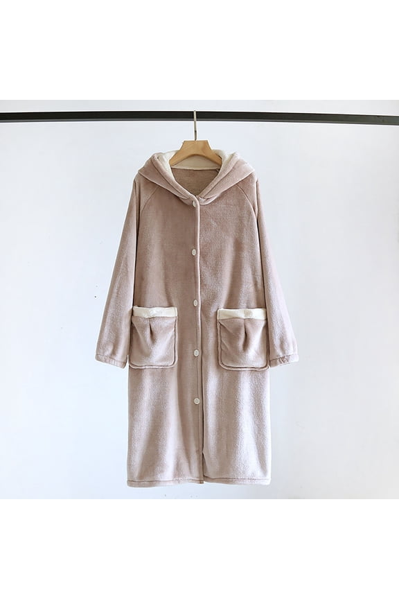 Women's Flannel Hooded Nightgown, Fuzzy Fleece Soft Comfy Button Long Housecoat Warm Winter Loungewear Sleepdress with Pockets L