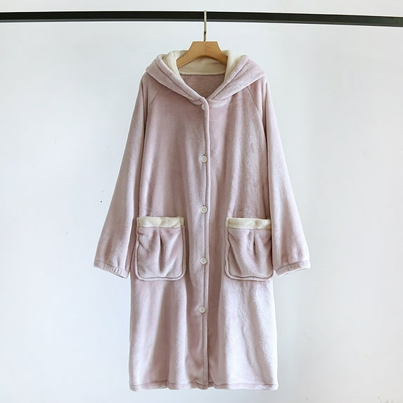 Women's Flannel Hooded Nightgown, Fuzzy Fleece Soft Comfy Button Long Housecoat Warm Winter Loungewear Sleepdress with Pockets M