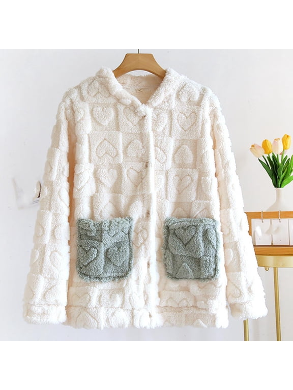 Women's Flannel Jacket Fuzzy Fleece Pajama Tops Soft Warm Winter Sleepwear Button up Loungewear with Pockets New Fall Pajamas Tops Women Plus Size White XL