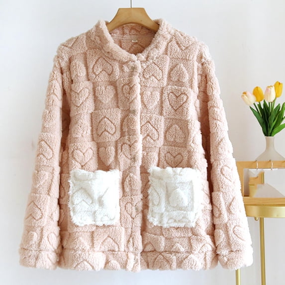 Women's Flannel Jacket Fuzzy Fleece Pajama Tops Soft Warm Winter Sleepwear Button up Loungewear with Pockets New Pinky L