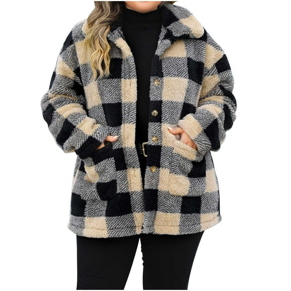 Women's Flannel Jacket Plus Size Plaid Lapel Coats with Pockets Casual Button Fleece Jackets Winter Warm Outerwear (Khaki 5XL)